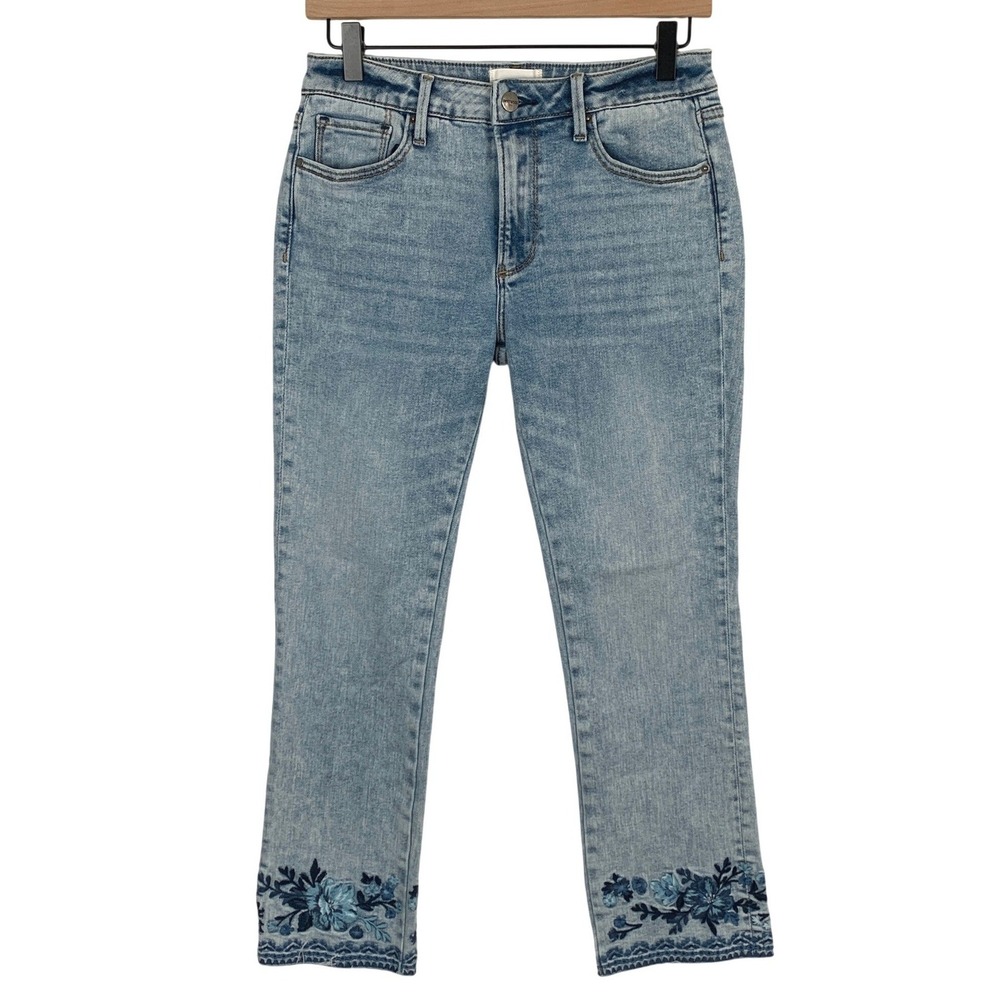 DRIFTWOOD Colette Floral Embroidered Straight Leg Jeans Sz 27 Lt Wash Blue